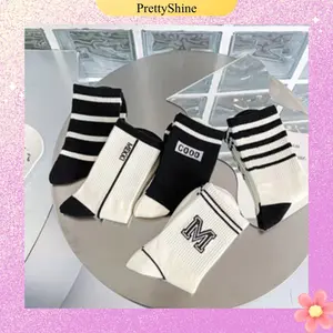 PS~KK1111 Kaos Kaki Panjang Ankle Motif Garis Hitam Putih Kaus Kaki Olahraga Dewasa Atas Mata Kaki Unisex Kekinian