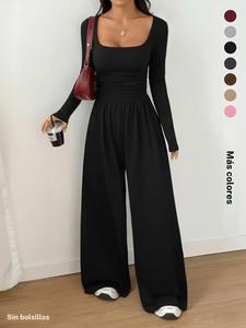 Mono de pierna ancha de punto para otoño invierno de mujer, de moda casual en color liso con cuello redondo, pieza única, mameluco versátil de manga larga