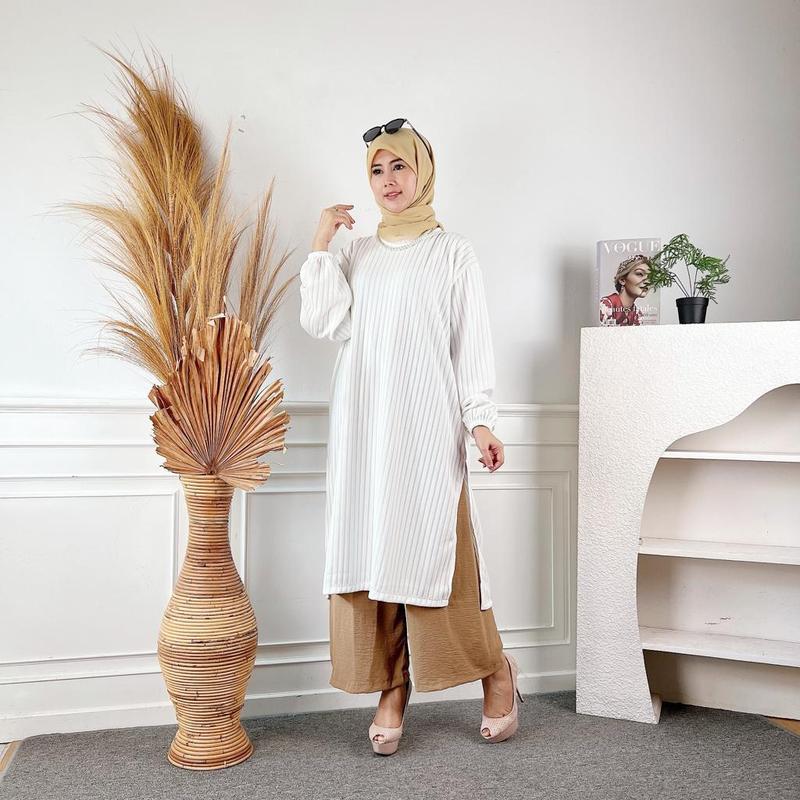 tunik wanita knit muslim ld 120 lengan karet Midi dres wanita melar 1