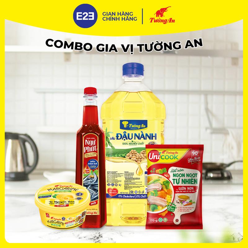 Combo Gia Vị Tường An : Dầu Đậu Nành Tường An Premium 2L x 1 chai, Nước Mắm Ngư Phát Ngon Tiện Đỏ 500ml x 1 chai , Hạt nêm TA Unicook Sườn Non 400g x 1 gói, Bơ Thực Vật vị Nguyên Bản 200g x 1 hộp