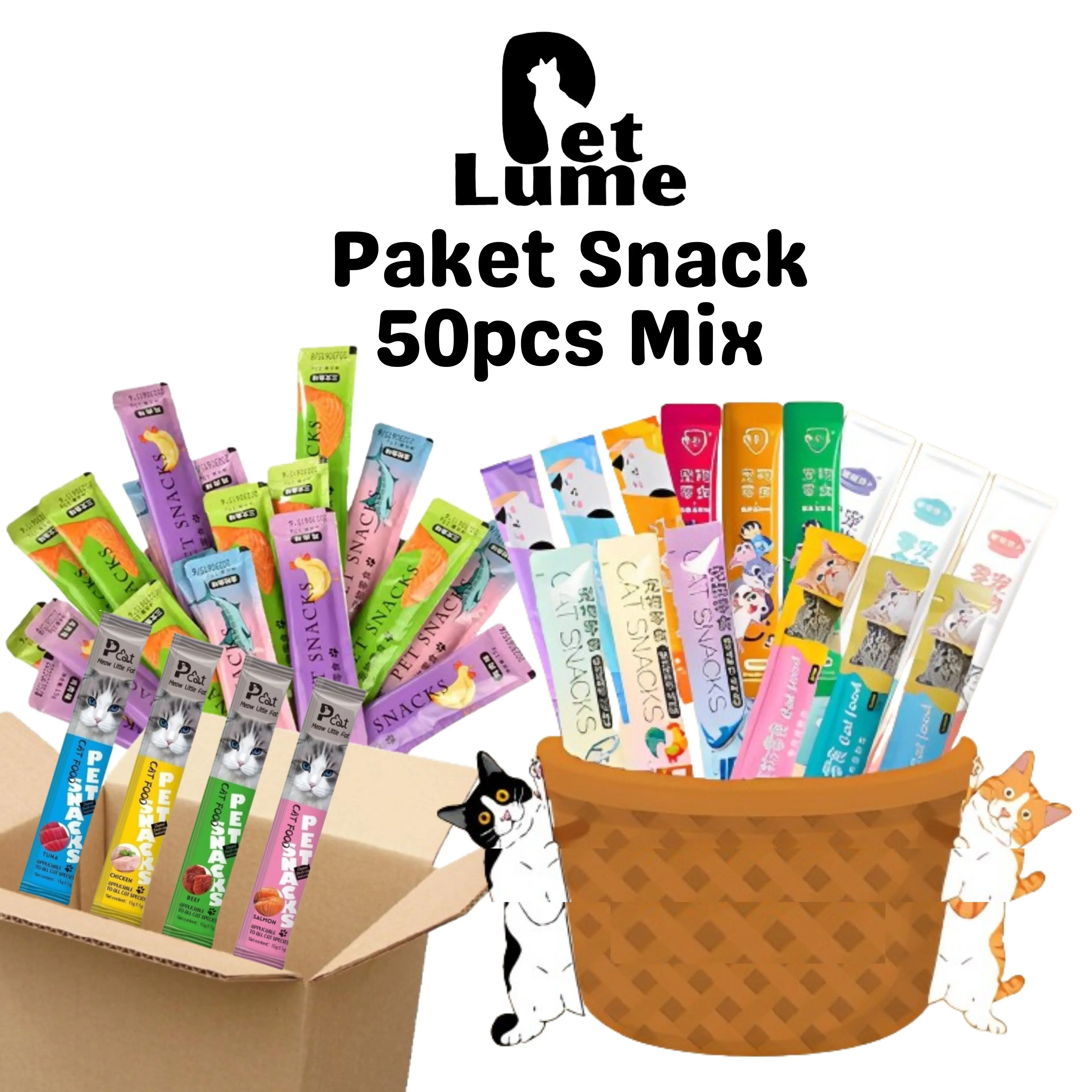 Paket Snack Kucing 50pcs Kitten Adult 15gr Cat Strips Cemilan Hewan Peliharaan Creamy Food PETLUME