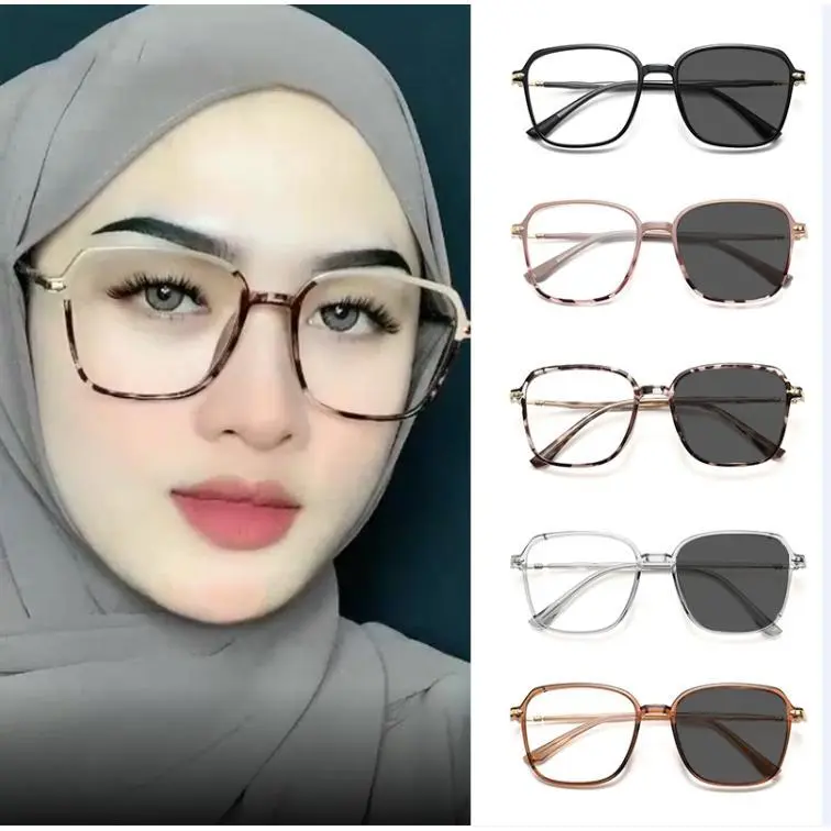 Kacamata Minus photochromic Terbaru 2026, Bingkai Kacamata Anti-Cahaya Biru Persegi Trendi Tanpa Resep untuk Wanita Eyewear Glasses