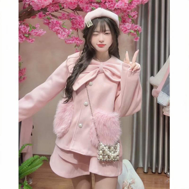 [SET 3 CHI TIẾT] (KÈM MŨ) Set Áo dạ kiểu nữ S215 kèm chân váy chất dạ ép lông cừu họa tiết mix túi lông thỏ cổ nơ tiểu thư sang chảnh form rộng thu đông Hàn Quốc Kozoda