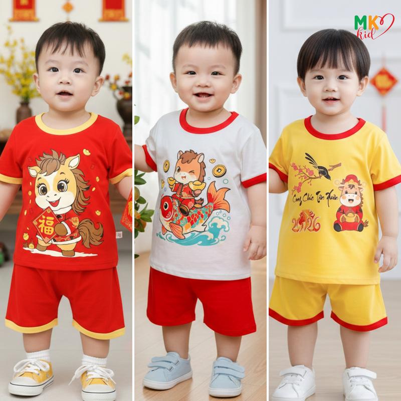  Set Cộc Tay Tết 2026 Cho Bé  9-30KG Cao Dưới 1M25 Vải Thun Lạnh Mềm Mát  Bộ  Áo Ngắn Quần Ngắn Tết Bính Ngọ dễ thương cho  Bé Trai Bé Gái Mặc Đi Chơi Đi Học Đồ Ngủ  Cho Bé 
