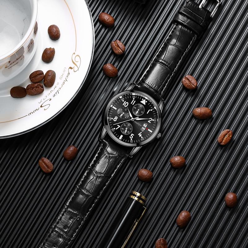 Product Introduction of New men's casual sports watch leather strap calendar waterproof quartz watch Free box 3