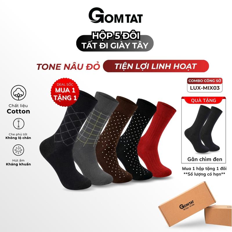 Hộp 5 đôi tất đi giày tây cổ cao GOMTAT mẫu MIX03 vớ nam công sở chất liệu cotton cao cấp thoáng khí tất nam công sở vớ nam cao cổ Menswear - LUX-MIX03-CB5