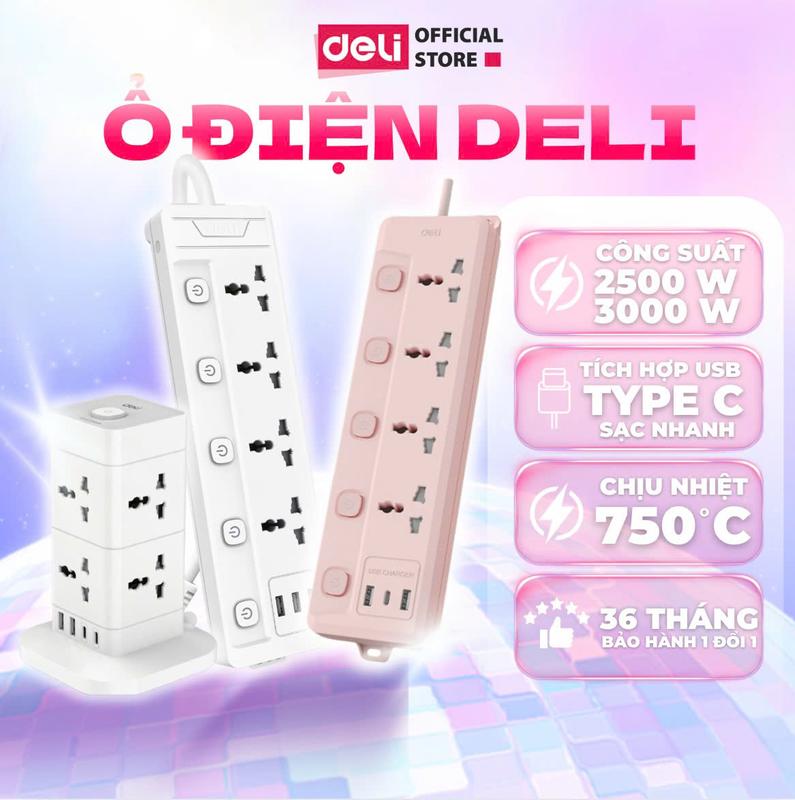  Ổ cắm điện đa năng ổ điện Deli - dáng dài dáng vuông trụ tích hợp cổng USB và type C sạc nhanh đa năng Deli  2-12 lỗ cắm đầu 3 công suất 2500W Dây 2-5M tiện dụng an toàn chống cháy nổ ổ điện ổ cắm,sạc PD USB 