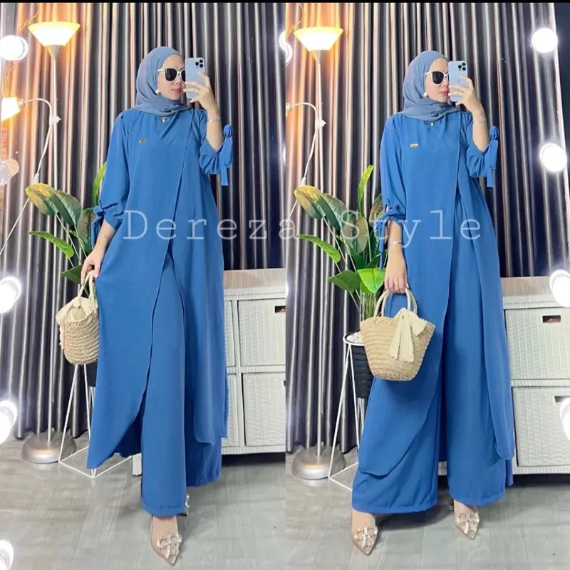 One set tunik dere - zaa style setelan baju dan celana cringkel air flow setelan polos two piece setelan wanita terbaru baju wanita Flare Sleeve Green 1