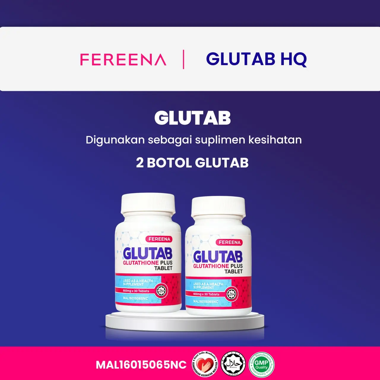 2 Botol Glutathione Glutab Plus 600mg - Supplemen Kesihatan Antioksidan dengan Vitamin C dan Hyaluronic Acid