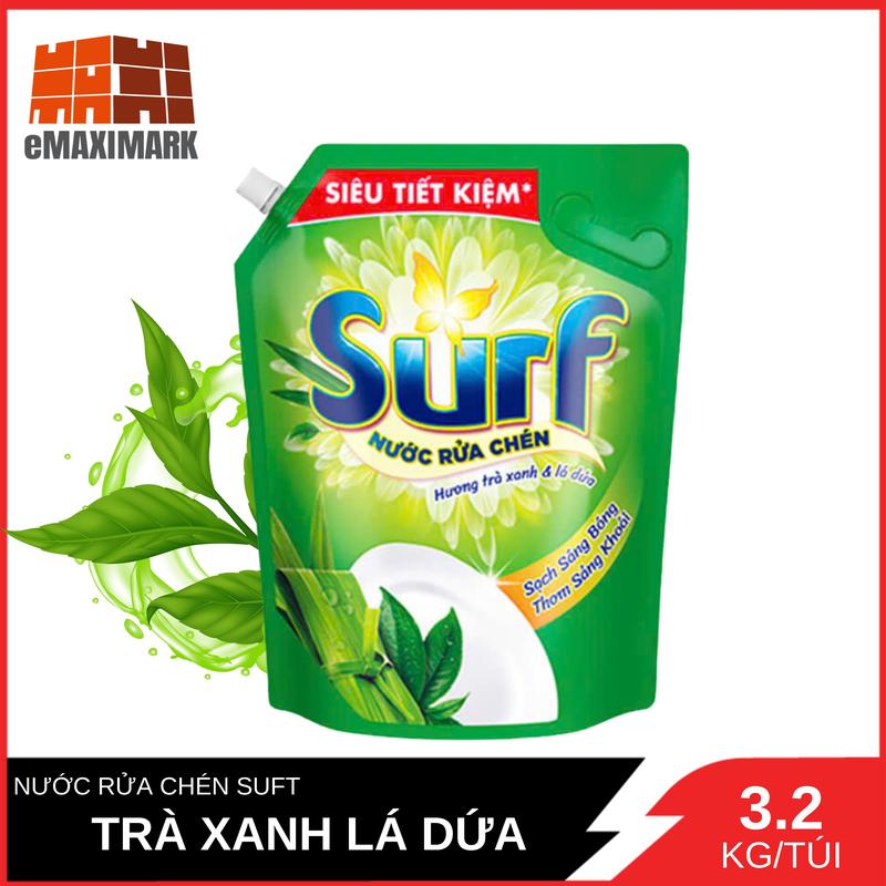 Nước Rửa Chén Surf Hương Trà Xanh Và Lá Dứa Túi 3.2KG