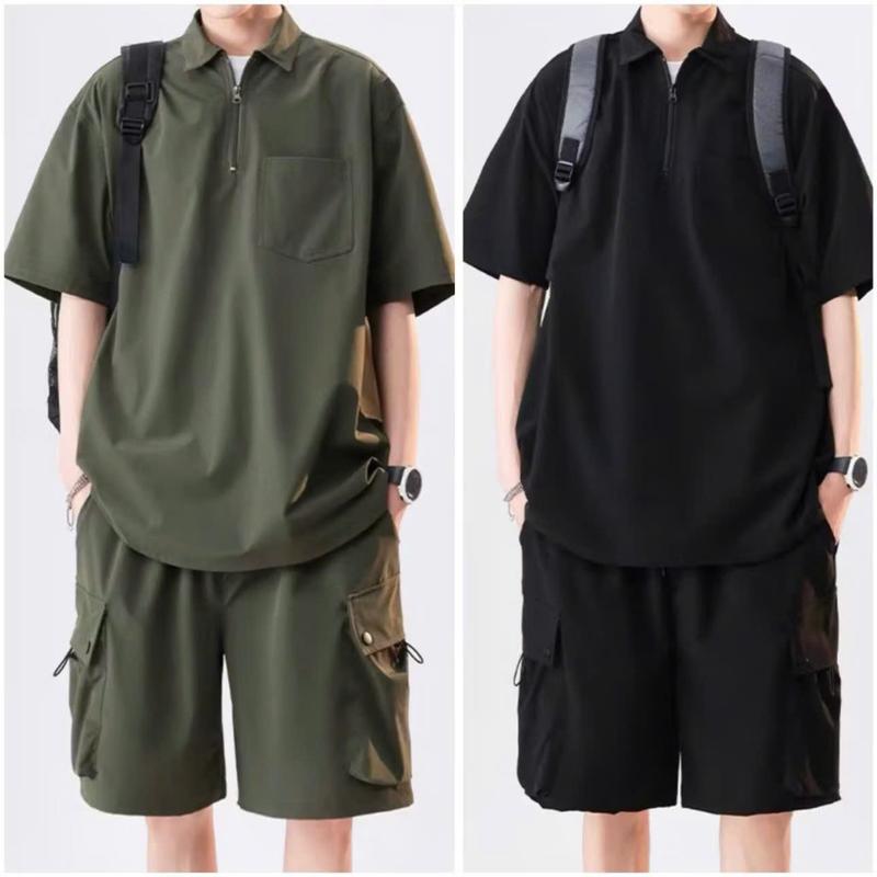 Set bộ quần áo sơ mi Zip đũi chất cotton đũi cao cấp, Áo cộc tay lỡ unisex basic, Full logo tag, hợp mọi thời đại HARLEY