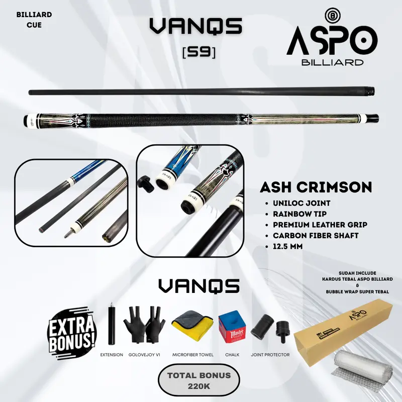 Stik Biliard Carbon VanQS S7  S9 Tip Rainbow 12.5mm Joint Uniloc Grip Kulit Premium Shaft Serat Karbon Defleksi Rendah Panjang 58 Inch Bonus Chalk Handuk Microfiber Sarung Tangan Golovejoy V1 Joint Protector Free Extension Ball 5
