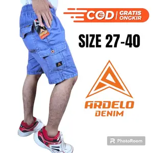 Celana Cargo Jeans Pendek Pria Dewasa Pinggang Karet ARDELO Katun Snow navy size M-L-XXL-3XL | celana pendek cargo Katun