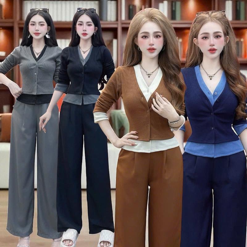 * Quần dài 102cm Set quần áo CRAZYTEEN S6387 gồm áo thun và quần suông để đi chơi Áo kiểu Quần suông Set đồ nữ đẹp