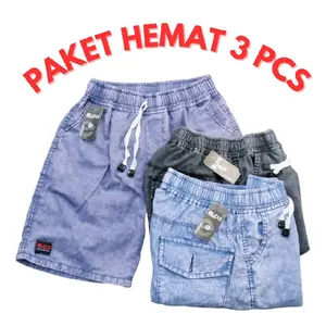 Celana Pendek Pria & wanita 100rb 3pcs Bahan Denim Pinggang elastis full karet