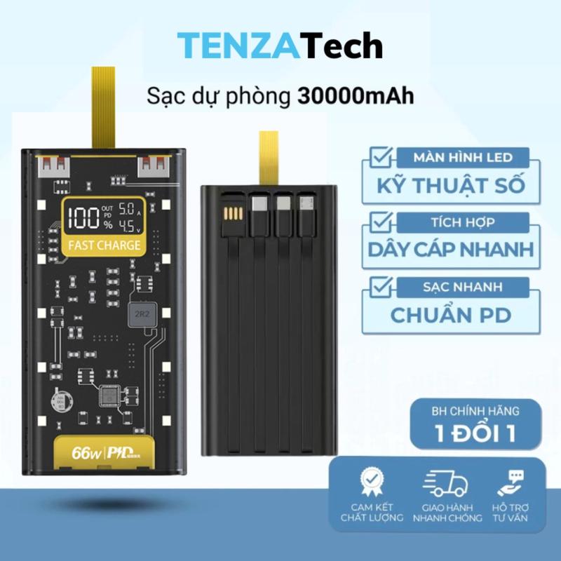 Sạc Dự Phòng Trong Suốt 30000 Với 2 Cổng Sạc Nhanh 22.5w và 20W Kèm 4 Đầu Sạc Màn Hình LED