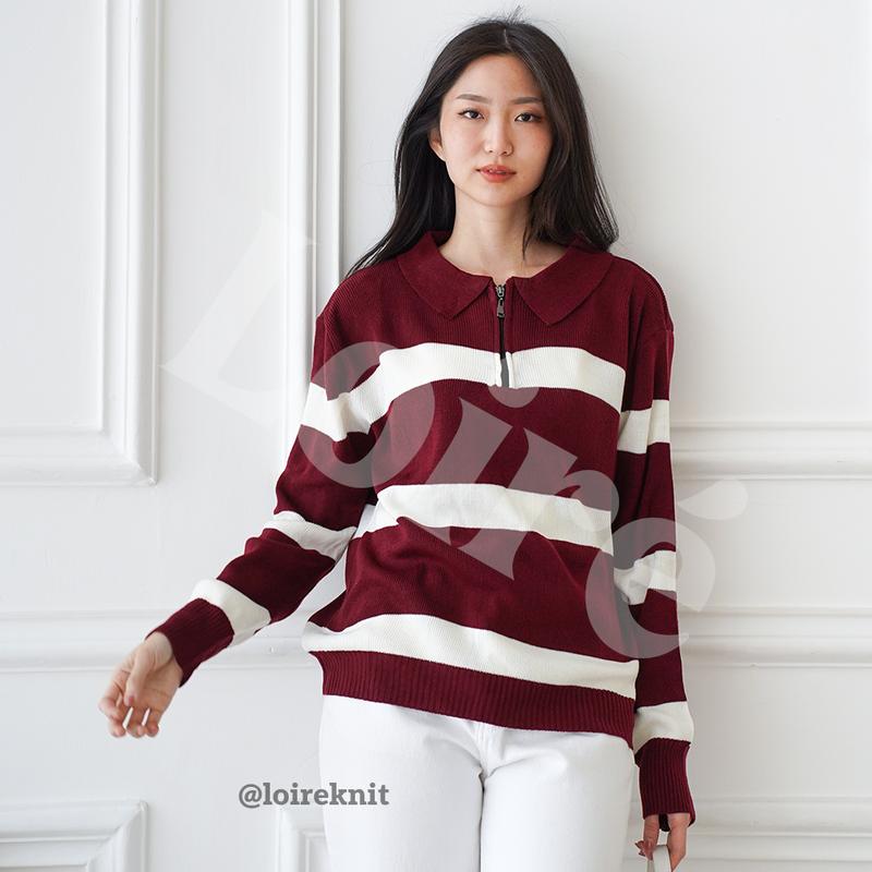 LOIRE YUNA Sweater Stripe Zipper Top Knit Atasan Baju Oversize Knitwear 4