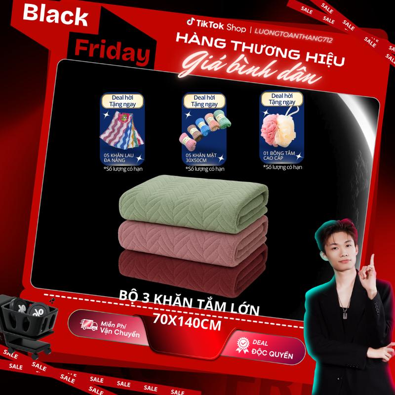 ĐỘC QUYỀN LƯƠNG TOÀN THẮNG Combo 3 Khăn Tắm 70x140cm Quà Tặng 5 Khăn Lau 30x30cm - 5 Khăn Mặt 30x50cm - 1 Bông Tắm . Sợi Lông Cừu Microfiber Mềm Mịn Thấm Hút Nước