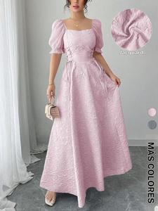 Este vestido jacquard con mangas abullonadas es elegante como una princesa ✨ | Vestido formal con cuello cuadrado y lazada lateral