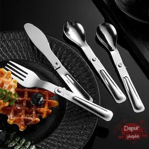Sendok Garpu Pisau Makan Lipat Travel Stainless SUS 304 | Sendok Sup Portable Hiking Camping | Fold Set Alat Makan Portabel