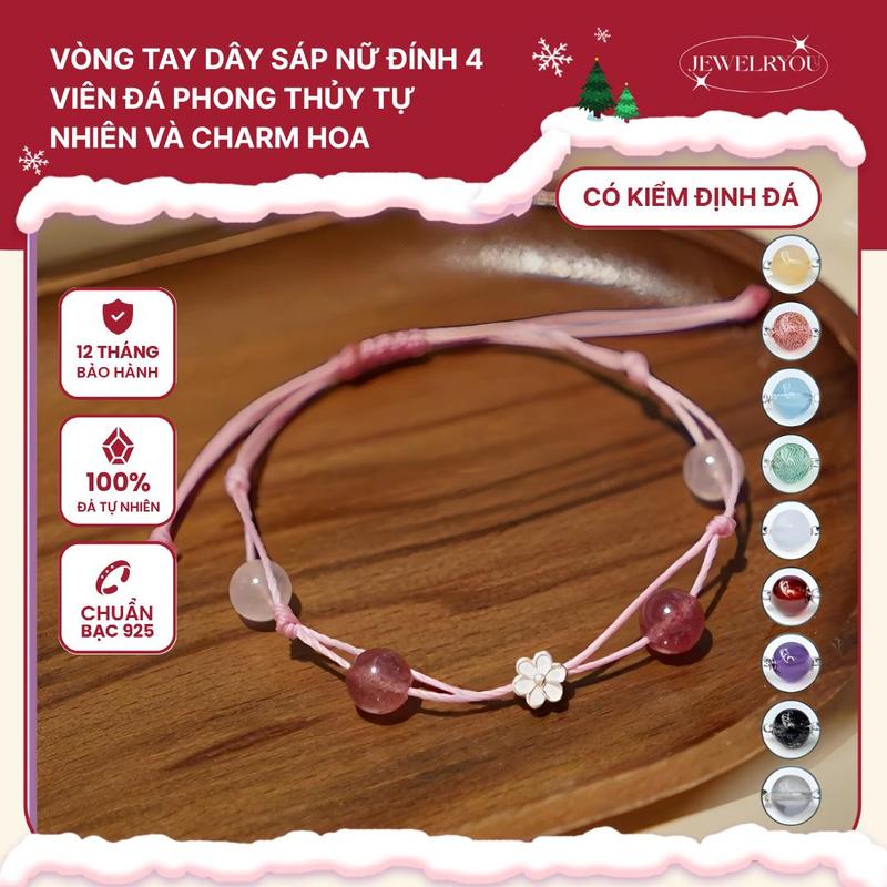 Vòng tay dây sáp nữ JEWELRYOU mix 4 viên đá năng lượng tự nhiên và charm hoa xinh xắn - Jew38