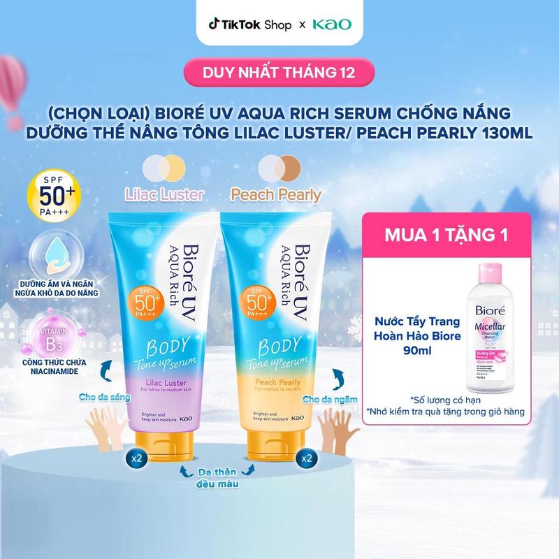  Combo 2 Serum Chống Nắng Dưỡng Thể Nâng Tông Bioré UV Aqua Rich Lilac Luster  Peach pearly 130ml kem chống nắng body  biore 
