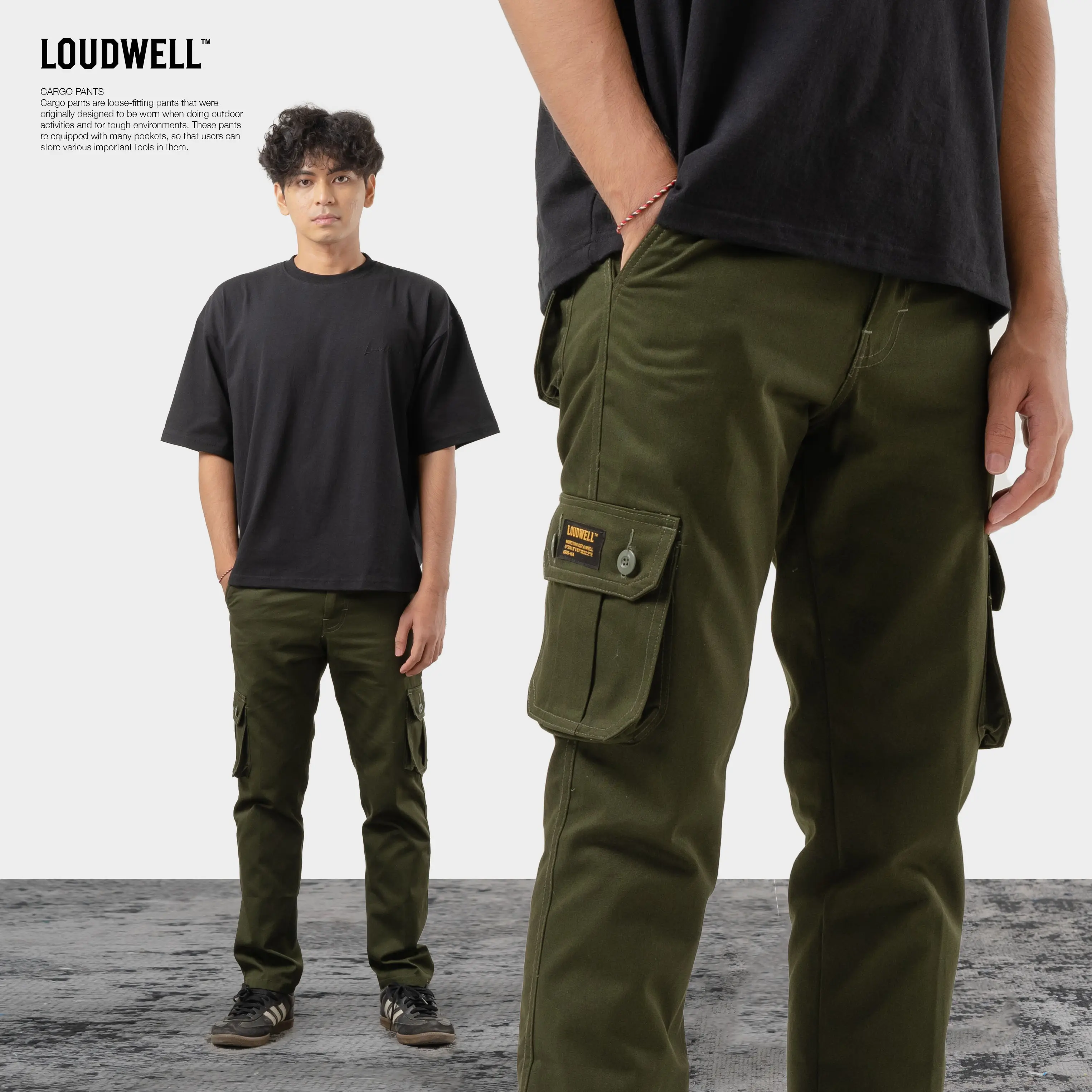 Loudwell Celana Cargo Panjang Green Army | Cotton Twill | Slim Staright Fit | Slim Fit