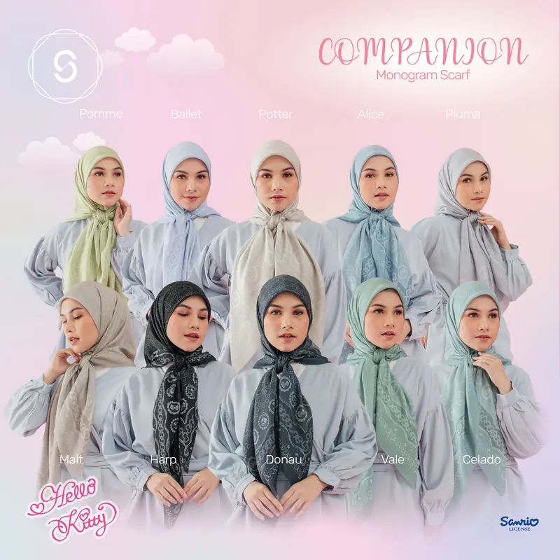 Cuci gudang Seradia Hijab Segi Empat Companion Monogram Hello Kitty Collection Bunga Lembut 2