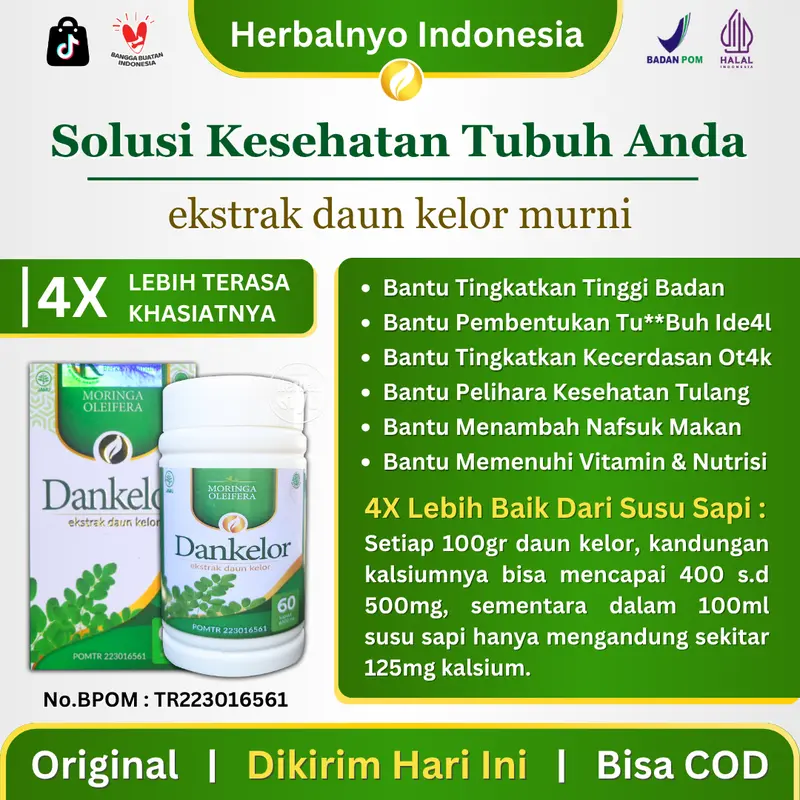 Dankelor Suplemen Peninggi Badan Tinggi Kalsium Vitamin Pertumbuhan Anak Remaja Isi 60 Kapsul Halal BPOM Ekstrak Daun Kelor Moringa Oleifera 1