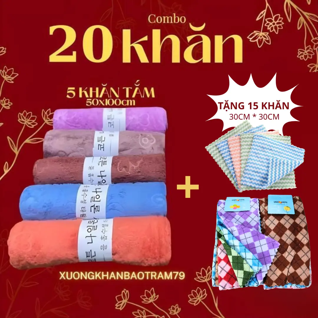 Combo khăn:  | 5 Khăn Tắm 50x100 +  Khăn Lau 30x30 | Mềm Mịn, Thấm Hút, Không Đổ Lông