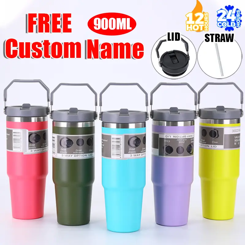 Termos Kelalang Terma, Tumbler 900ML dengan Nama DIY Percuma, Kelalang Vakum, Botol Keluli Tahan Karat, Tumbler Bertebat, dengan Pemegang, Cawan Mug Kitchenware