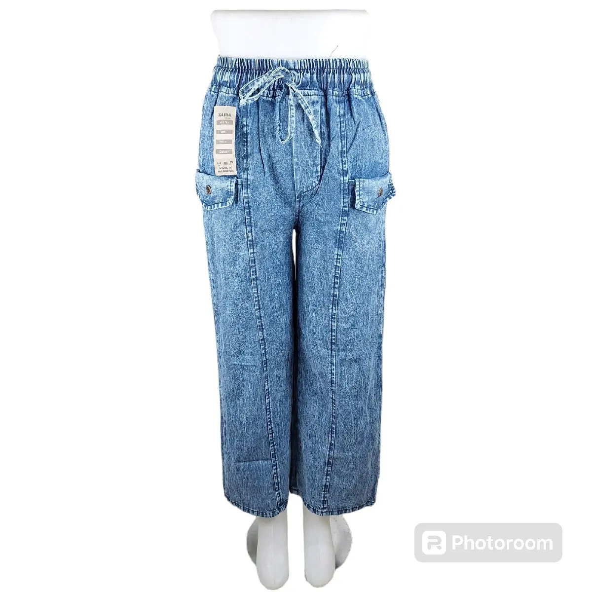 Celana Kulot Cewek Saku Depan Variasi Kancing Jahit Tulang Kaki Bawah Lipat Bahan Jeans Wash Panjang