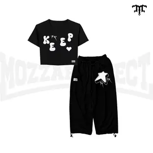 Mozzaproject Bundling Tshirt Crop Hitam dan Sweatpants Baggy Ballon Keep Stars