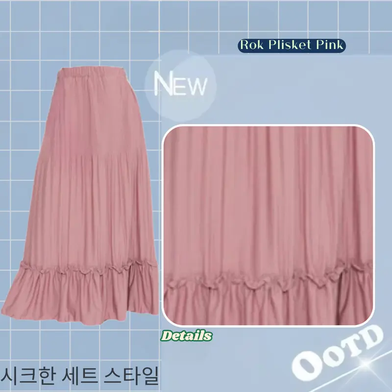 One Set Korean Style (Hijab Cardigan Tas Bahu Rok Plisket) Variasi Baju Setelan Wanita Simple CS002 Nyaman Muslim Panjang Karet Bawahan Pink Putih 6