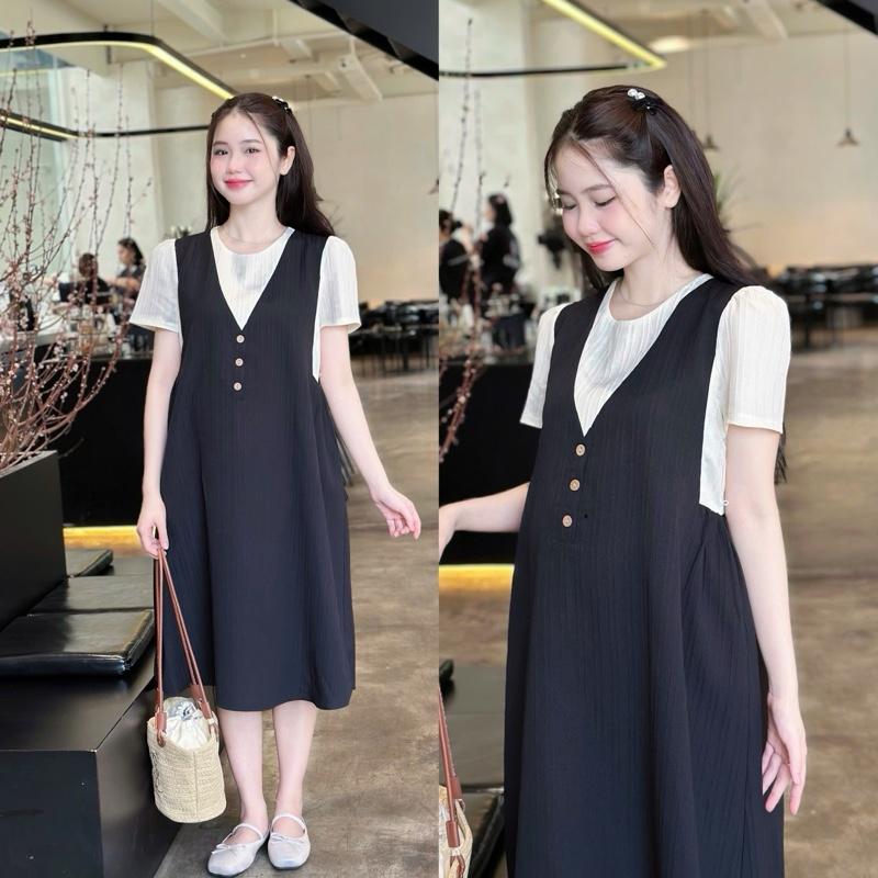 Đầm bầu Hala yếm liền 3 nút công sở form suông vải xốp hàn.