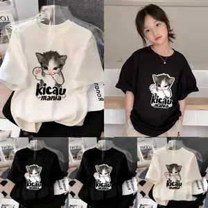 100% Kapas Anak Baju Kaos Korea Style Tshirt Cotton Atasan 6-13 Tahun Unisex Anak Perempuan Anak Laki Laki Viral Kucing Kicau Mania dan trendi K419 Fashion
