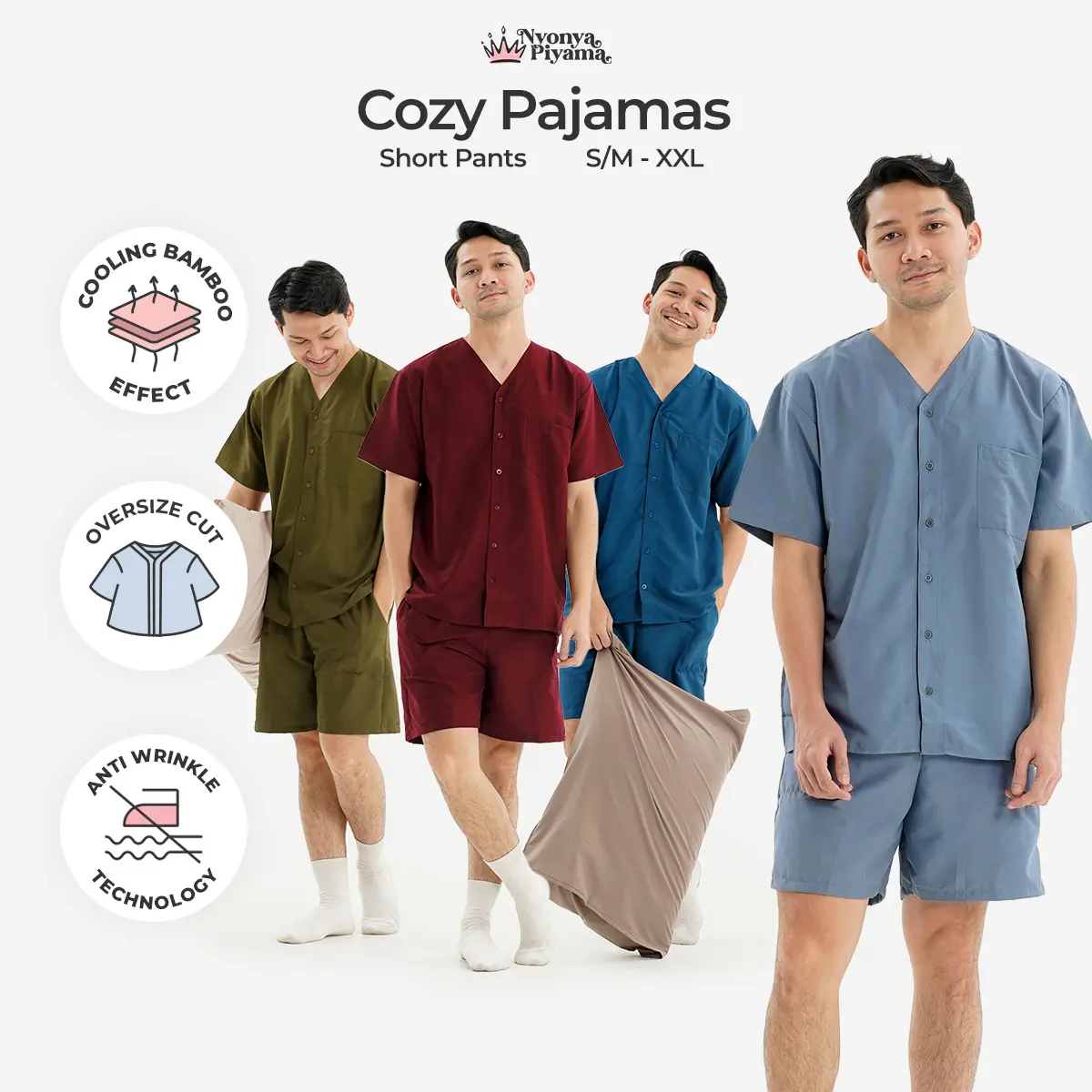 [BEST SELLER] Nyonya Piyama Poly Bamboo Oversized Cozy Set Celana Pendek Polos Pria