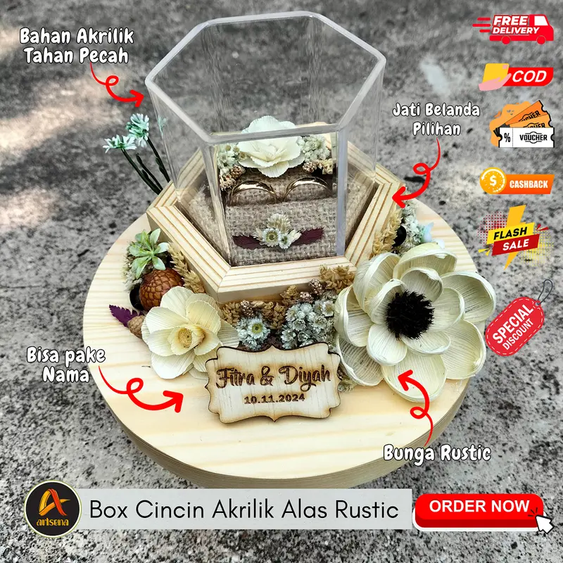 Kotak Cincin Mini Pernikahan Model Segi-6 Desain Rustic Custom Nama Mempelai dan Tanggal 0