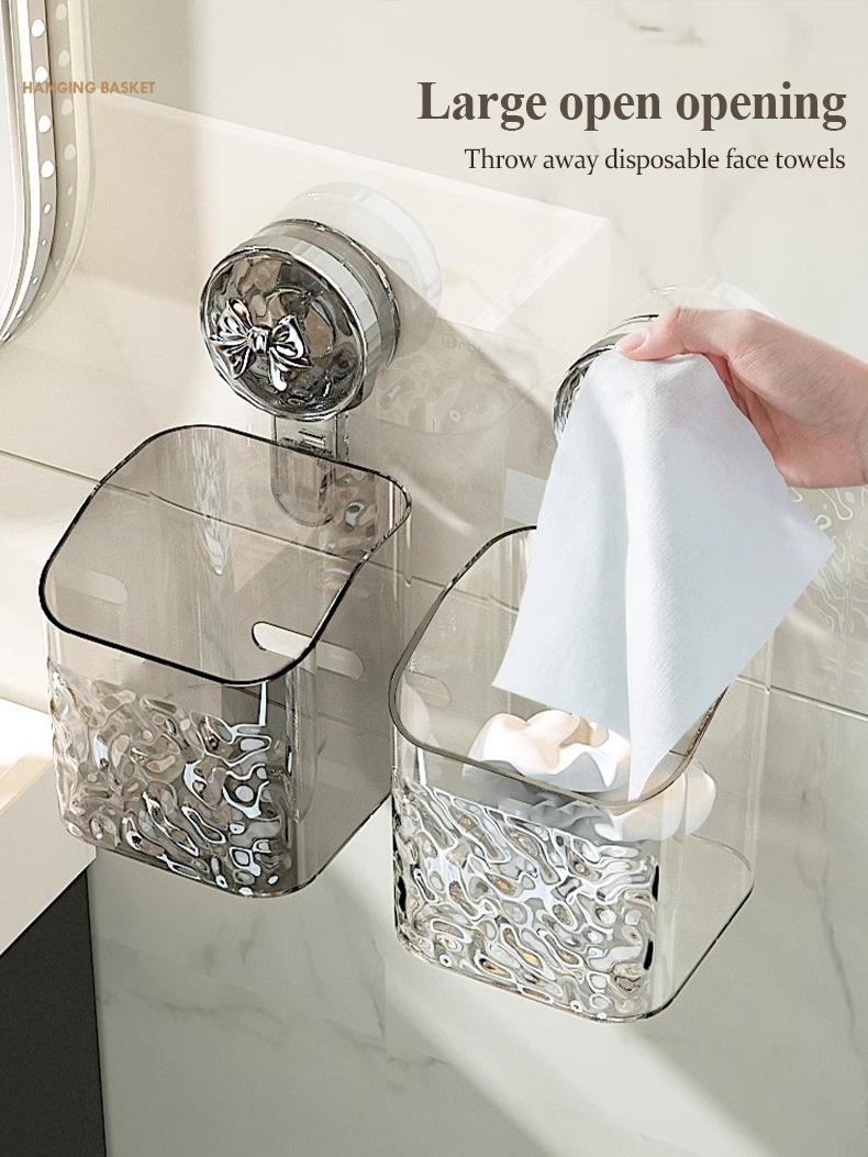Product Introduction of Bathroom Suction Cup Storage Rack Washbasin Wall Mounted Face Towel Storage Box No Punching Sorting Box Bathroom Hanging Basket 5