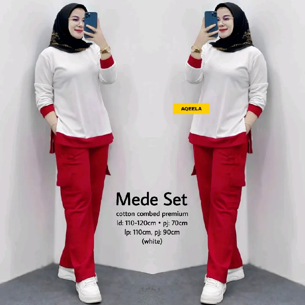 Setelan Merah Putih Mede Cerry Set Combed Original LD 110cm Blouse Celana Kemerdekaan 2025 Wanita Baju Panjang Sport Kaos