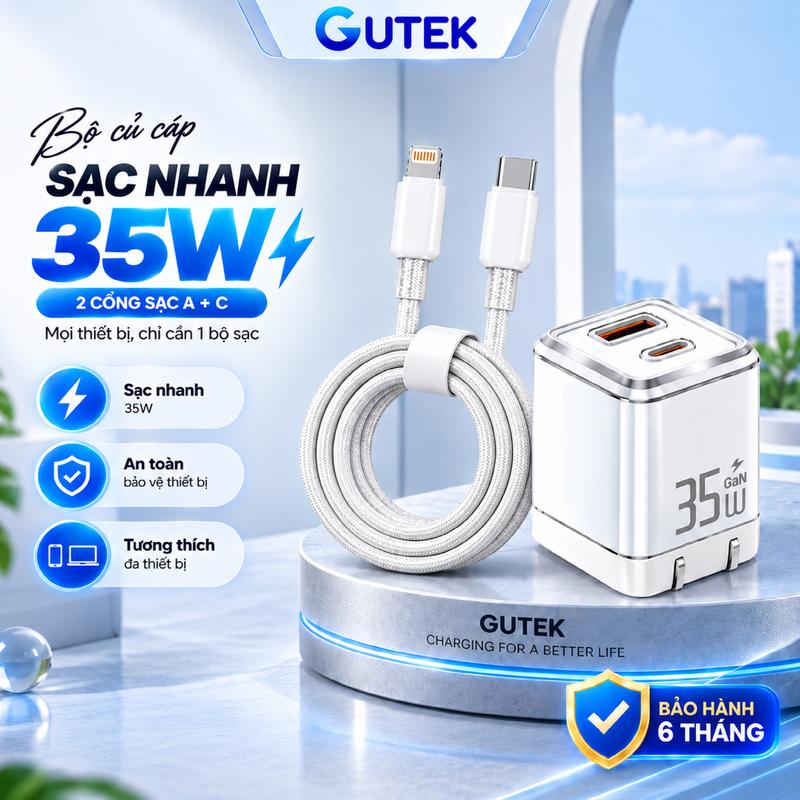 Bộ Củ Dây Cáp Sạc Nhanh 35W GaN 2 Cổng Type-C và USB - Sạc Mát An Toàn Cho Điện Thoại - Gutek S36
