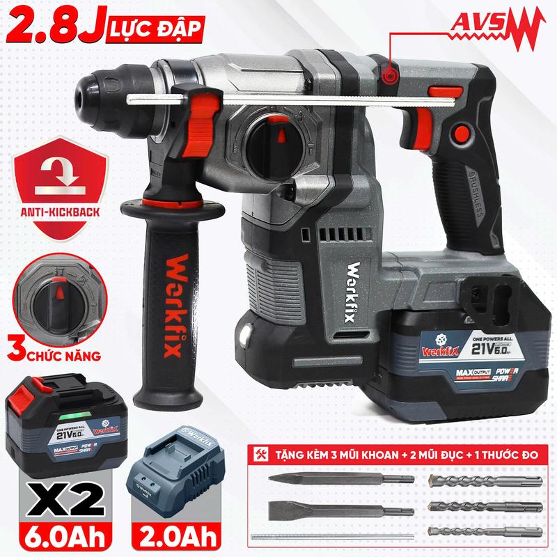   Có Giảm Rung AVS  Máy Khoan Đục Bê Tông 3 Chức Năng Dùng Pin 21V Workfix - WF-RH2203PRO - MÀU XÁM - Có Anti-kickback - Chân Pin Phổ thông 2 Pin 21V 6Ah - Động Cơ Từ Lõi Đồng - Bảo Hành Chính Hãng 6 Tháng 