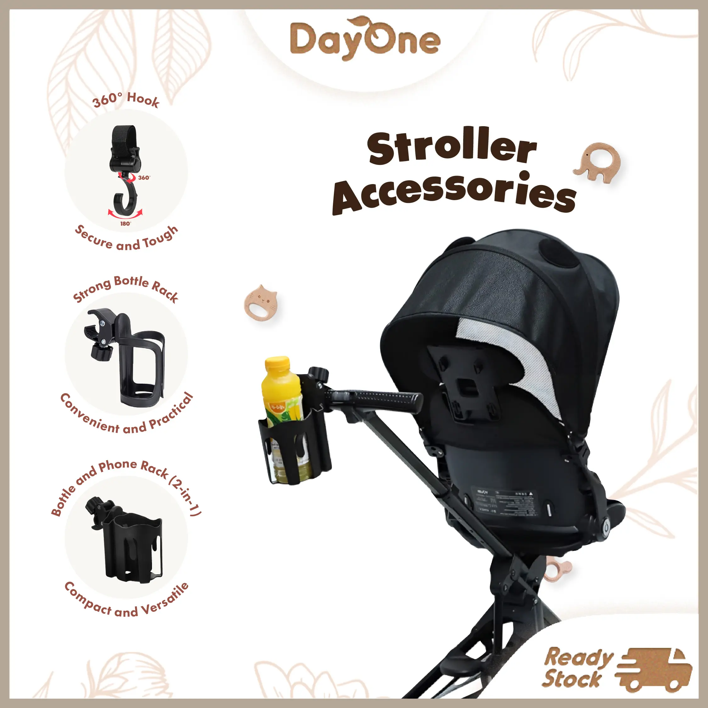 Day One Baby Stroller Hook Baby Stroller Bottle Holder 2 in 1 Baby Stroller Bottle & Mobile Phone Holder