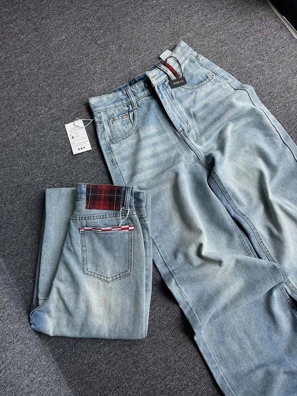 QUẦN JEANS SUÔNG ỐNG RỘNG CARO ĐỎ - Chất liệu: Jean - Kích thước: S eo < 63cm M eo < 67cm L eo < 70cm XL eo<75cm
