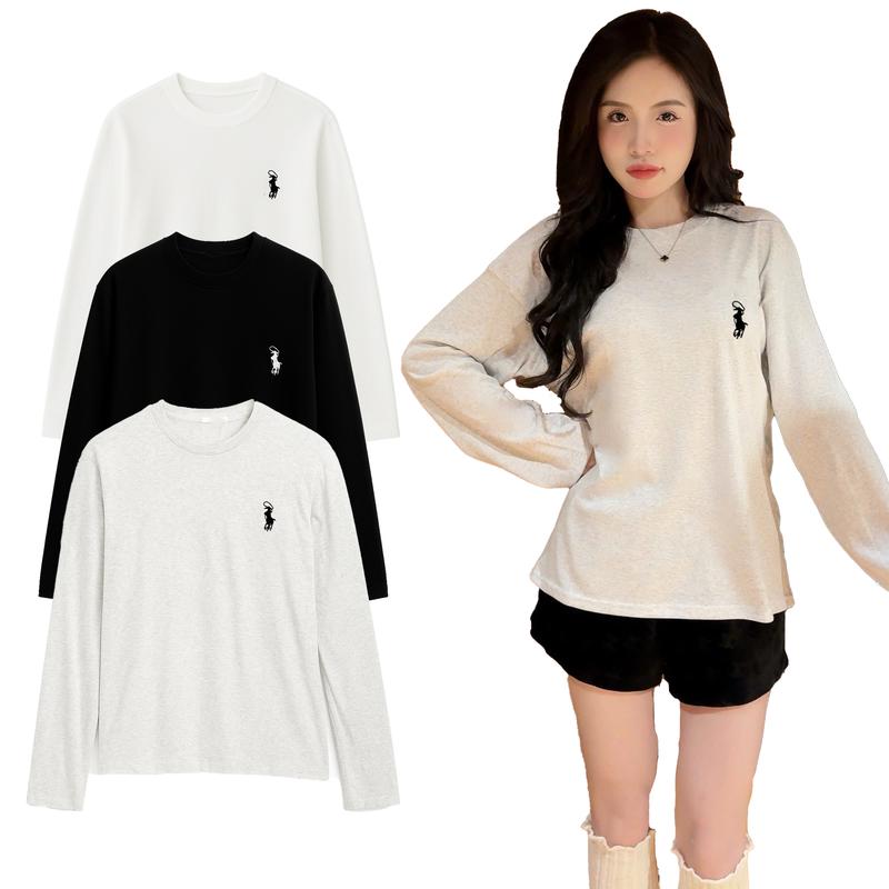  Áo Thun Dài Tay Nữ Họa Tiết Thêu Ngựa Vải Bo Bông Mềm Mịn Ấm Áp Thời Trang Nữ Thu Đông 