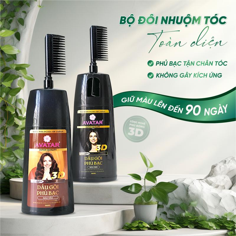 COMBO 2 Chai Dầu Gội Phủ Bạc Thảo Dược Avatar Nhật Bản Màu Nâu Đen - Lược Chải Nhuộm Tóc Bạc, Phủ Đen Tóc Tại Nhà Nhanh Chóng 500ml