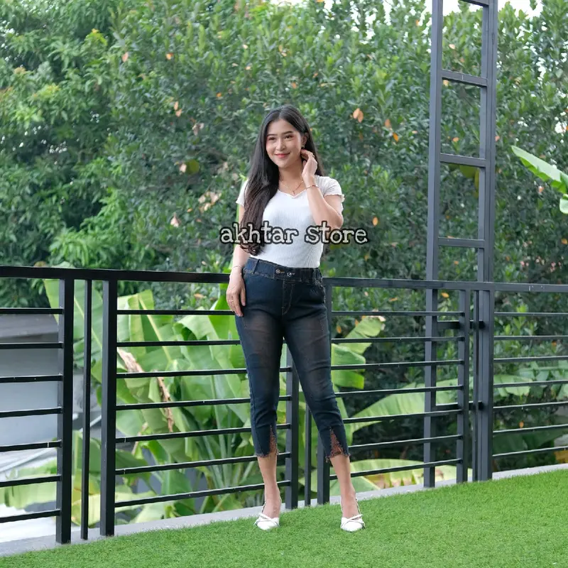 (AKHTAR-STORE) OLIVE JEANS 7/9 PINGGANG FULL KARET VARIASI KANCING AKTIF BAWAH RAWIS BAHAN TEBA HALUS LEMBUT MELAR Wanita Celana Tebal Hitam Dewasa Panjang Samping Kaki 5