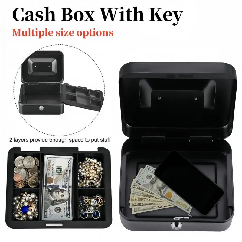 SG Stainless Steel Key Lock Mini Cashier Box with Coin Tray and Large Space - Black, Small Size