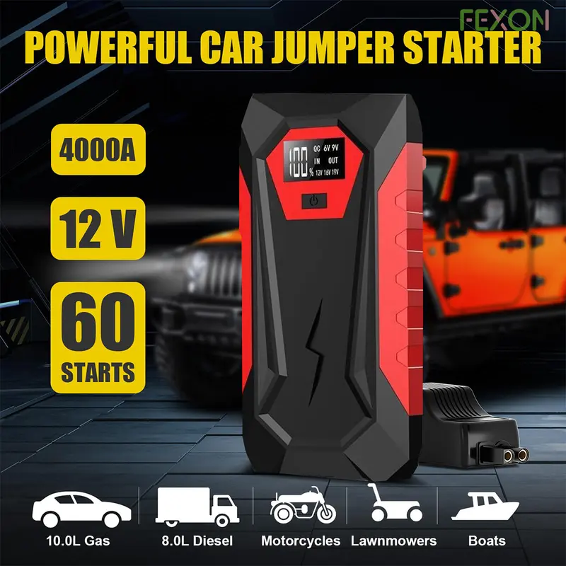 FEXON COD 10000A Baterai Mobil Jump Starter Untuk Semua Gas Atau Hingga 12L Diesel Jump Starter Mobil Bertenaga Dengan Dual USB Quick Charge Dan Output DC 12V Jump Pack dengan Lampu Terang LED Built-in 4