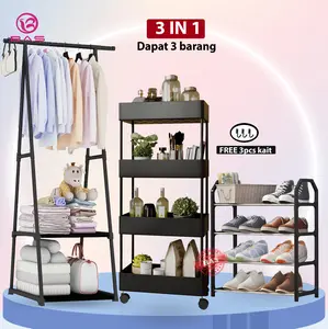 BAS combo 3 in 1 (COD) triangle rak baju mutifunsi + rak susun serbaguna dengan roda + rak sepatu 4 tingkat